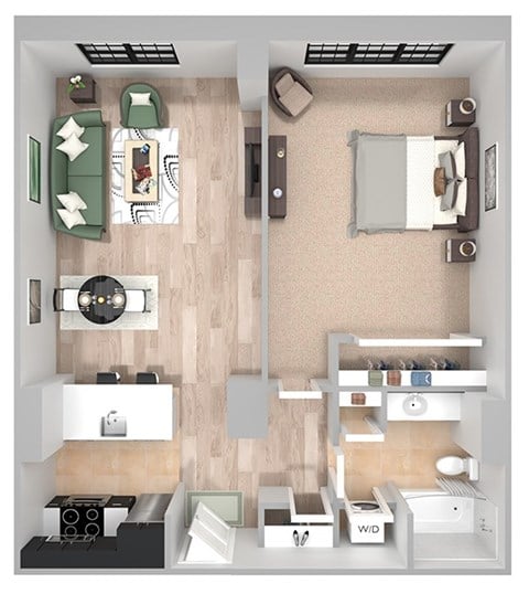 Floor plan for 1 bed, 1 bath, 685 sqft